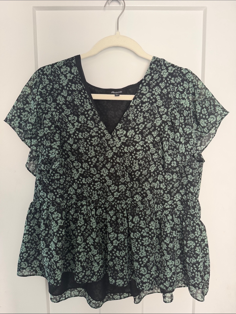 Madewell Black V-Neck Peplum Top with Mint Floral Print